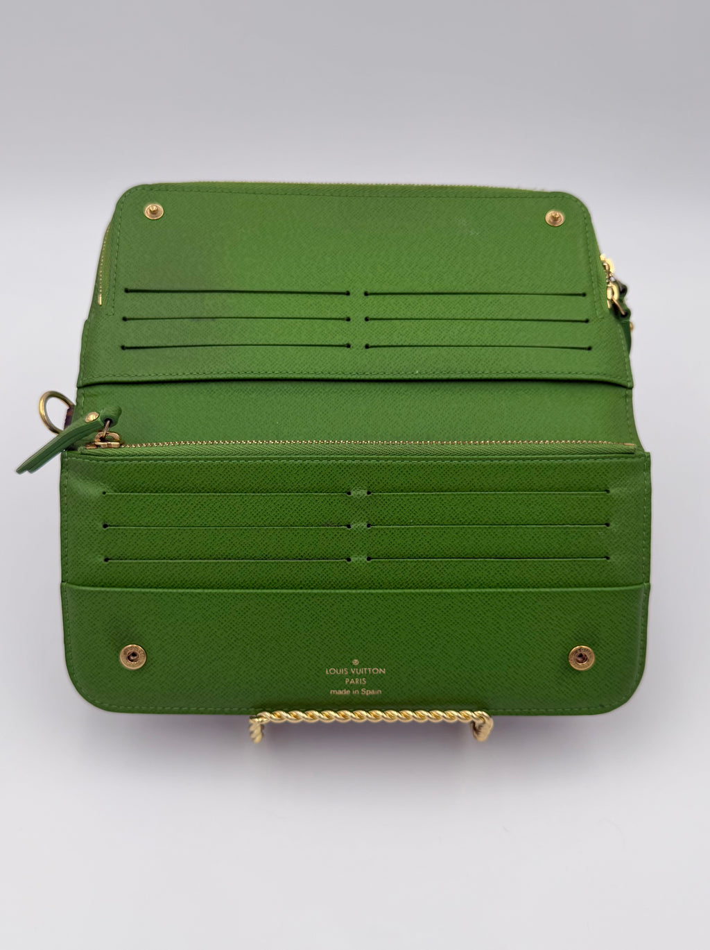 Louis Vuitton Insolite Wallet with bright green interior and gold hardware