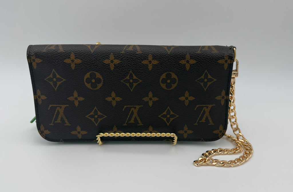 Louis Vuitton Insolite Wallet with bright green interior and gold hardware and chain add on