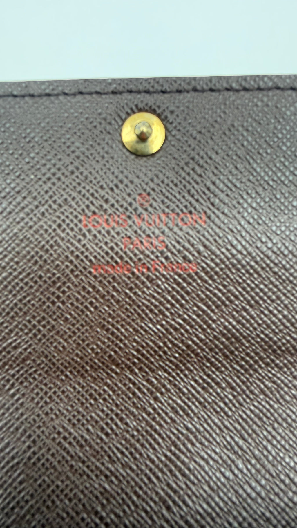 Louis Vuitton Paris made in France stamp on brown leather interior